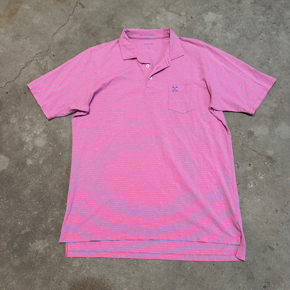 B. Draddy Polo Shirt Men Large Pink Blue Striped Pima Cotton FA22 Stretch Golf
